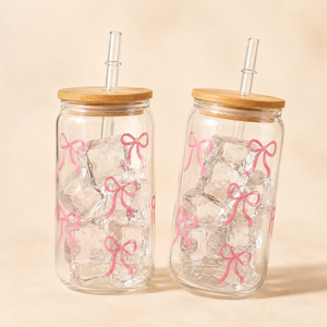 500ml Glass Tumbler with Lid & Straw – Charming Bow Design