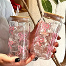 500ml Glass Tumbler with Lid & Straw – Charming Bow Design
