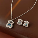Bear Necklace & Earrings Set – Stainless Steel with Blue Zircon